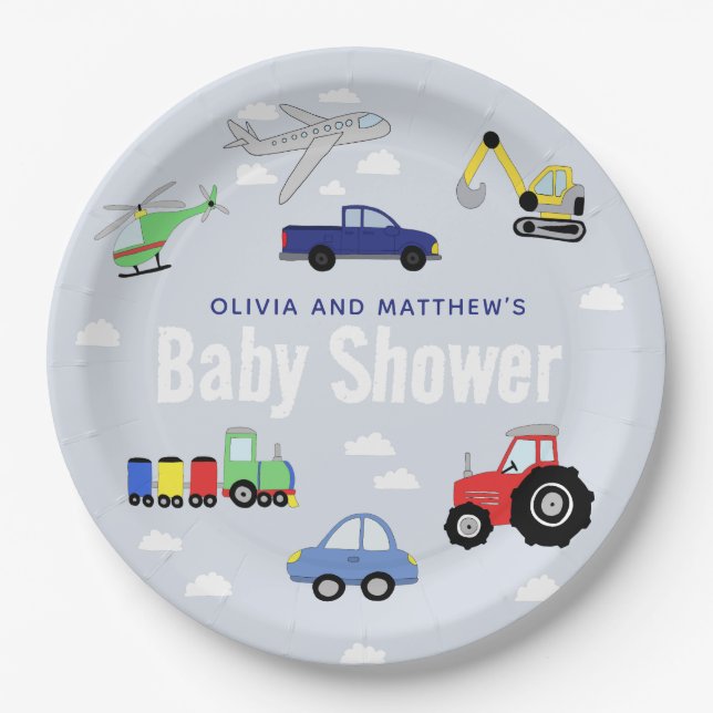Assiettes En Carton Boys Cute Blue Baby shower voiture de voyage (Devant)