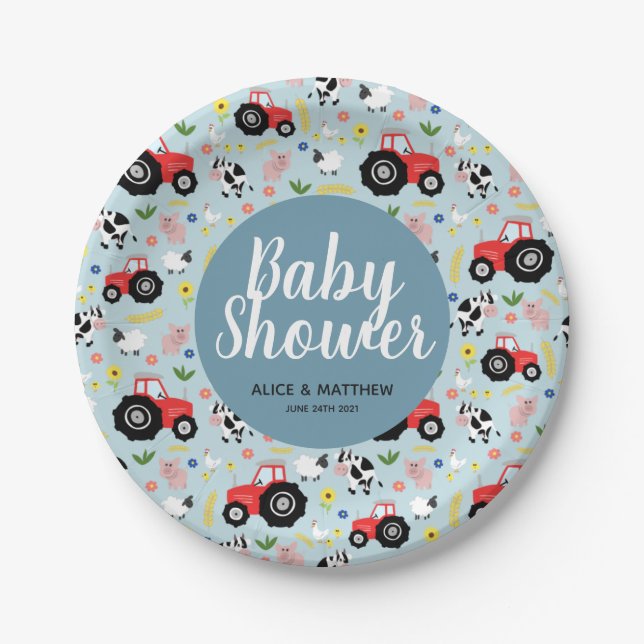 Assiettes En Carton Boys Cute Farm Animaux Baby shower tracteur (Devant)