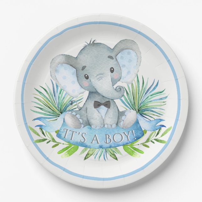 Assiettes En Carton Boys Elephant Baby shower Plaques de papier (Devant)