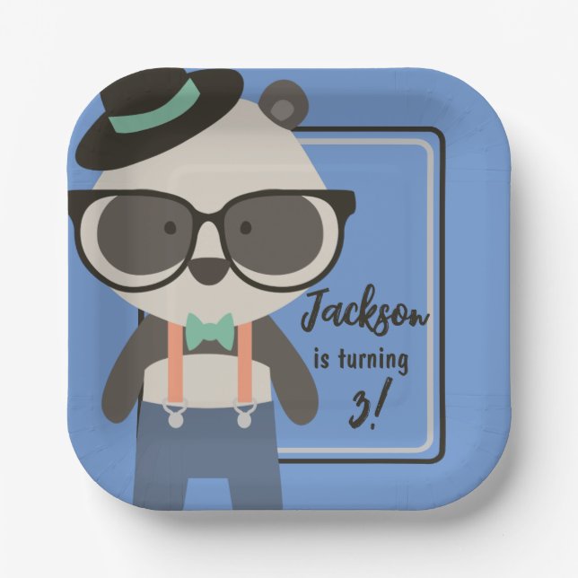Assiettes En Carton Boys Hipster Mister Panda Bear Anniversaire (Recto)
