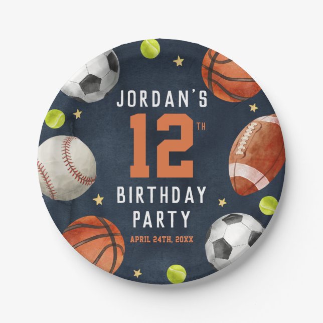 Assiettes En Carton Boys Sports Thème Orange Marine Anniversaire (Devant)