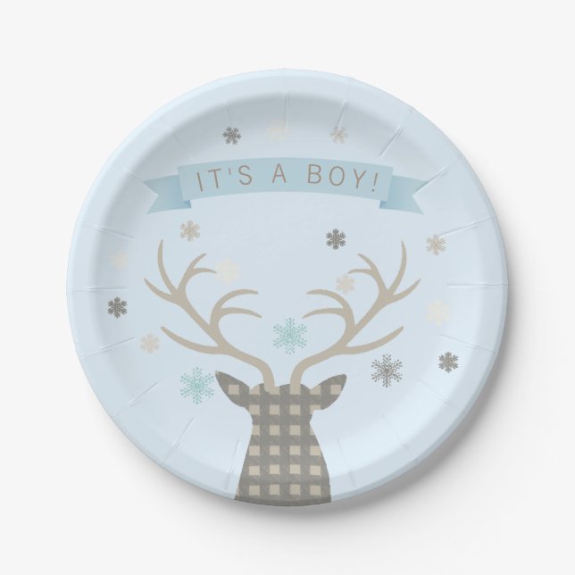 Assiettes En Carton Boys Winter Wonderland Woodland Deer Baby shower (Devant)