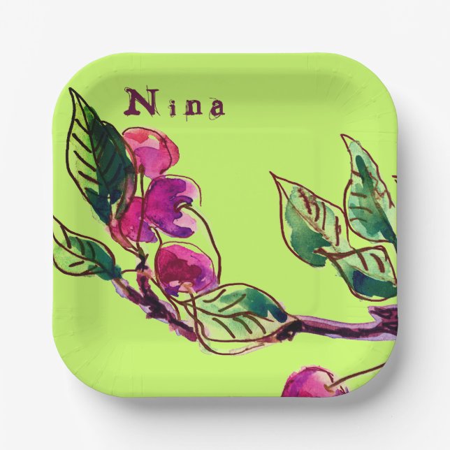 Assiettes En Carton Branche cerise sur vert par Plaques de papier Lina (Recto)