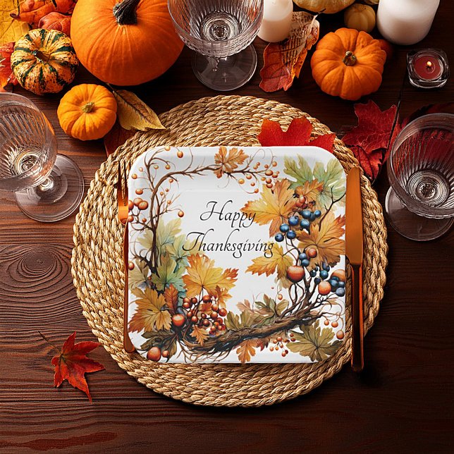 Assiettes En Carton Branche d'automne avec feuilles et baies sur mesur (Créateur téléchargé)