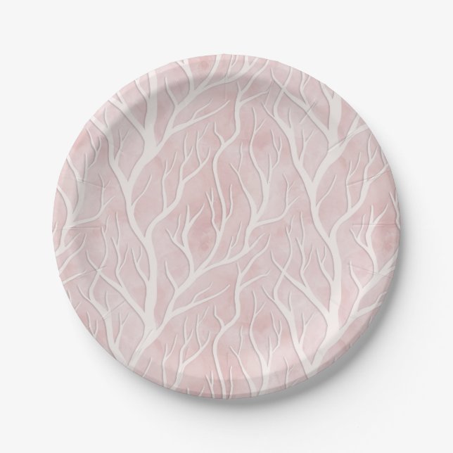 Assiettes En Carton Branches d'arbre rose et crème (Devant)