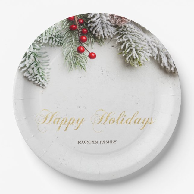 Assiettes En Carton Branches de pins Noël de neige (Devant)