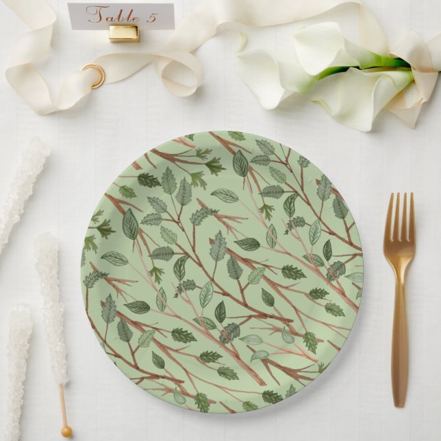 Assiettes En Carton Branches de verdure aquarelle (Mariage)