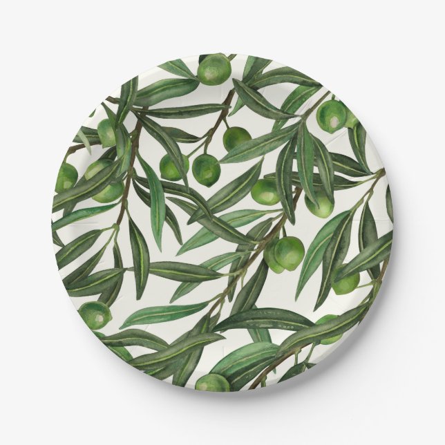 Assiettes En Carton Branches d'olive sur blanc (Devant)