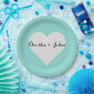 Assiettes En Carton BRIDE Turquoise Blue & Silver Heart Fête des marié