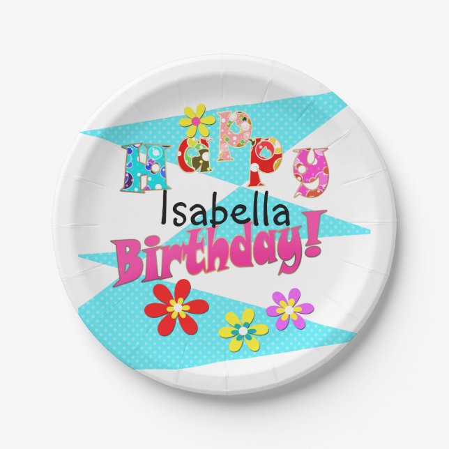 Assiettes En Carton Bright blue blanc rose enfants amusant fleurs dess (Devant)