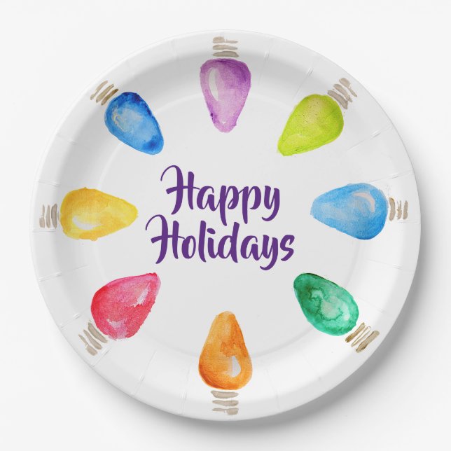 Assiettes En Carton Bright Christmas Bulbs Happy Holidays (Devant)