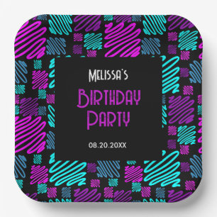 Assiettes En Carton Bright Neon violet bleu géométrique Anniversaire