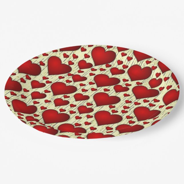 Assiettes En Carton Bright Red Romantic Hearts Motif (Angle)