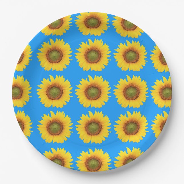Assiettes En Carton Bright Sunflowers Blue Pattern (Devant)