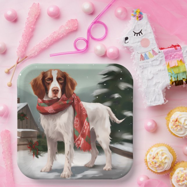 Assiettes En Carton Brittany Spaniel Dog à Noël de neige (Fête)