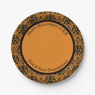 Assiettes En Carton Brocard damassé victorien Halloween noir sur orang