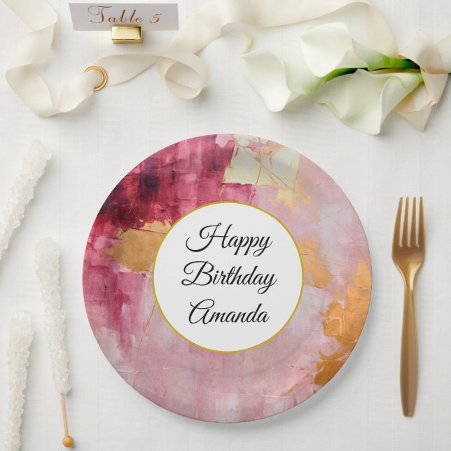 Assiettes En Carton Brosse artistique touche Gold et rose Anniversaire (Mariage)
