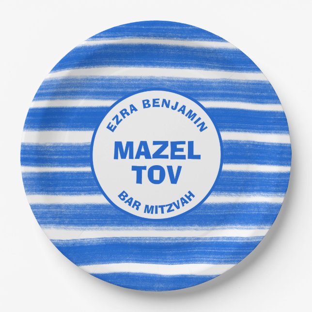 Assiettes En Carton Brosse Bleu Bat mitzvah de la barre personnalisée (Devant)