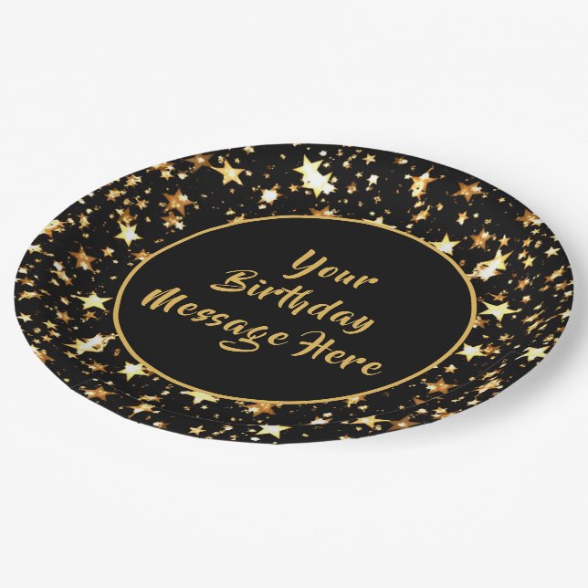Assiettes En Carton Brosse d'anniversaire Script Black Gold Stars Pers (Angle)