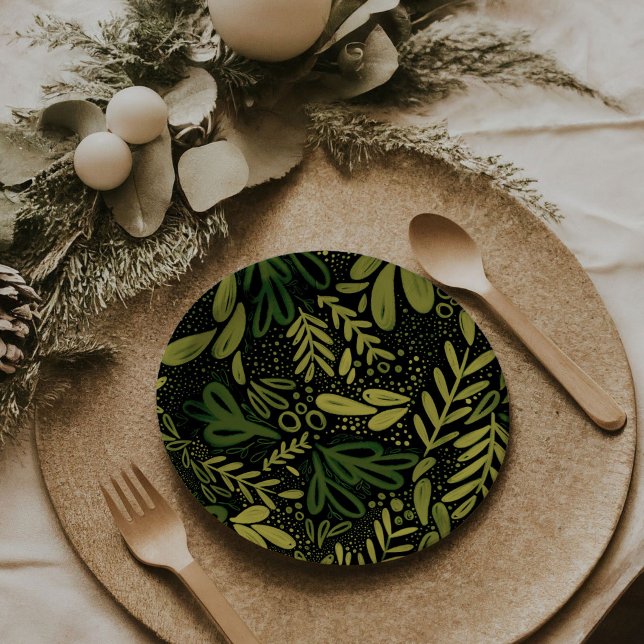 Assiettes En Carton Brouillon à feuillage persistant | Plaques botaniq (Deep Green Bramble | Festive botanical holiday party paper plates)