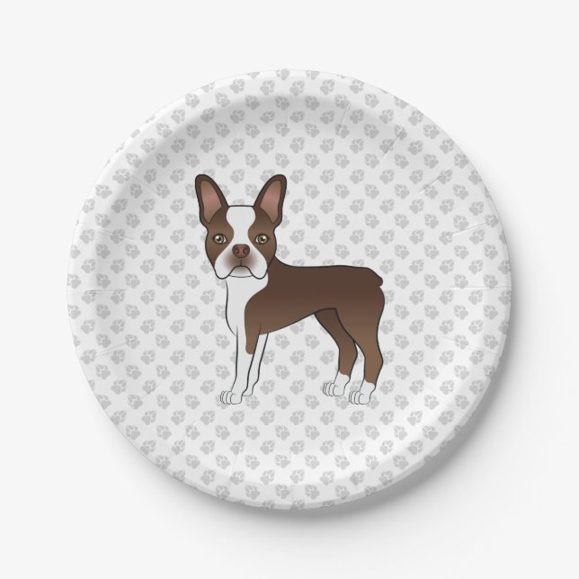 Assiettes En Carton Brown Boston Terrier mignon caricature Chien et pa (Devant)