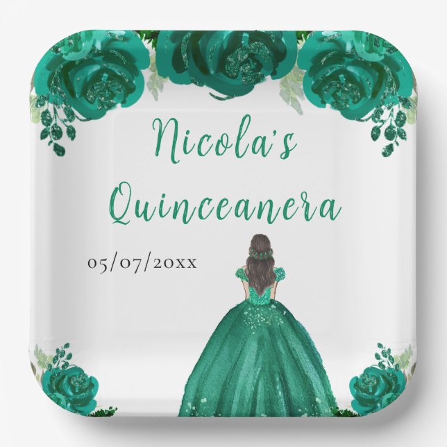 Assiettes En Carton Brown Hair Princess Green Floral Quinceanera (Recto)