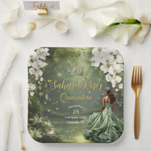 Assiettes En Carton Brown Princess et Frog Sage Green Quinceanera 16