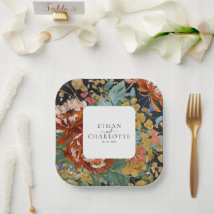 Assiettes En Carton Brûlé Orange Peonies Floral Peinture Or Mariage