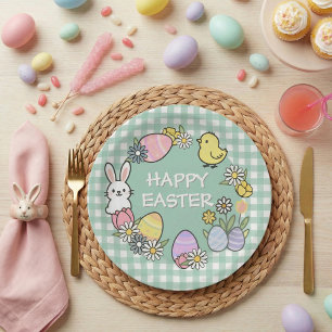 Assiettes En Carton Brunch de Pâques & Chasse aux œufs Green Gingham
