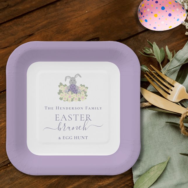 Assiettes En Carton Brunch de Pâques personnalisé et chasse aux œufs V (Easter brunch and egg hunt cute bunny floral spring party purple paper plates elegant script)