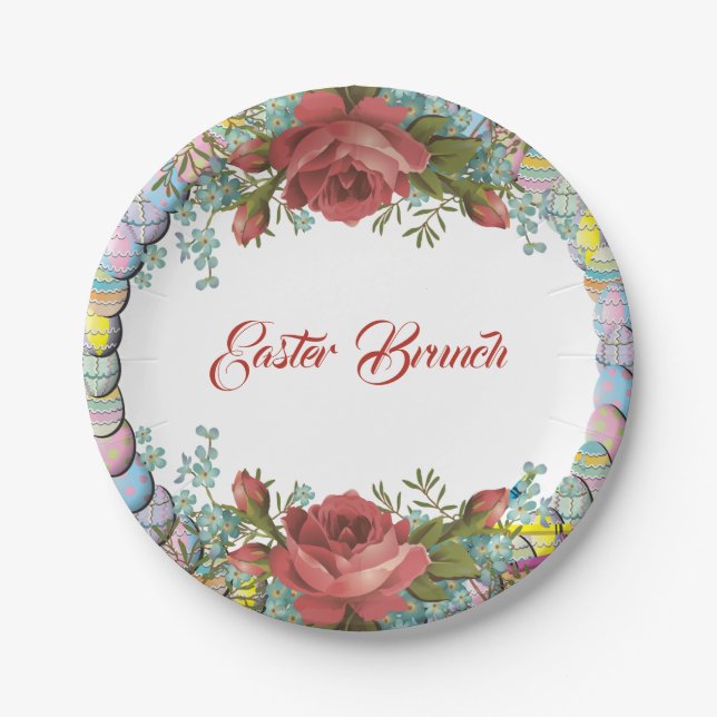 Assiettes En Carton Brunch de Pâques Rustique Rose Oeuf Wreath Floral (Devant)
