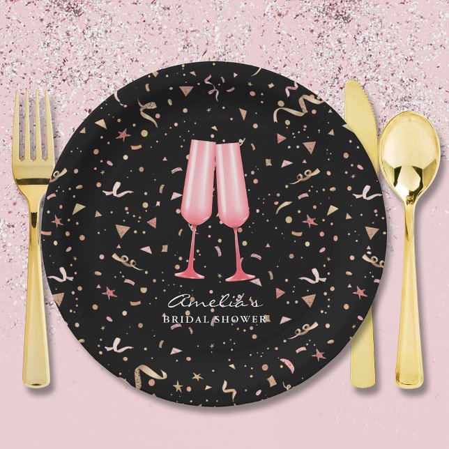 Assiettes En Carton Brunch et Bubbly Enterrement de Vie de Jeune Fille (Brunch and bubbly pink champagne glasses bridal shower black paper plates)