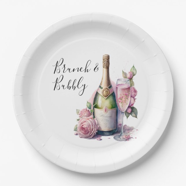 Assiettes En Carton Brunch et Bubbly Fête des mariées florale rose (Devant)