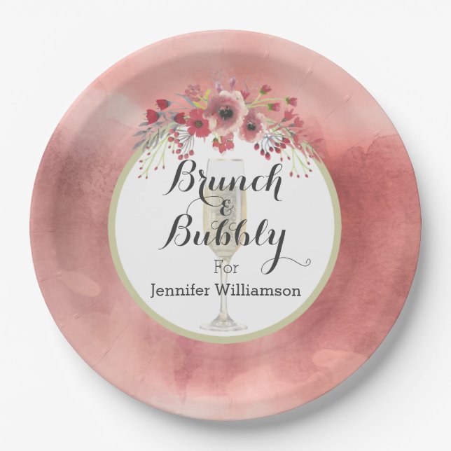 Assiettes En Carton Brunch floral rose et wedding shower pétillant (Devant)