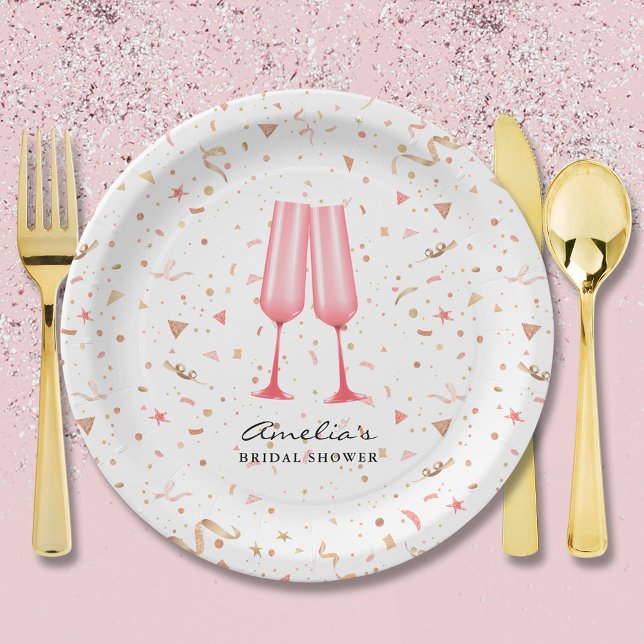 Assiettes En Carton Brunch rose et Fête des mariées mousseuse (Pink champagne glasses brunch and bubbly bridal shower paper plates)
