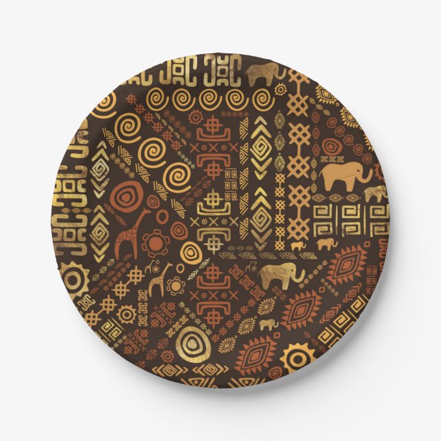 Assiettes En Carton Bruns africains ethniques et or #12 de modèle (Devant)