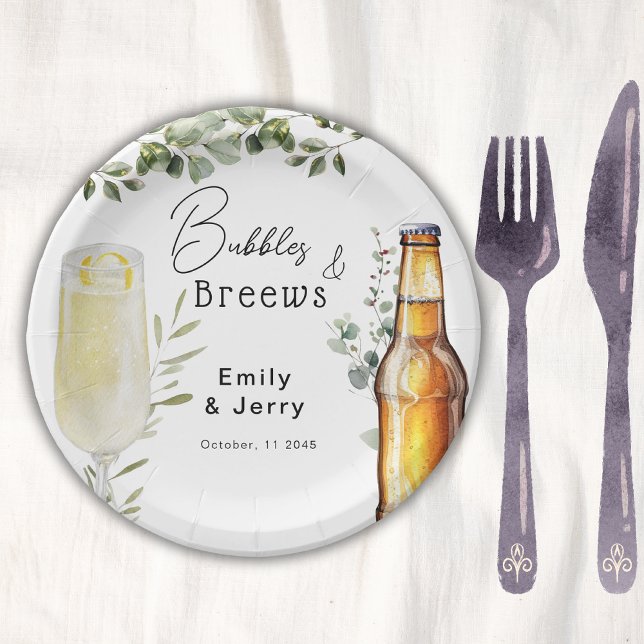 Assiettes En Carton Bubbles Et Breews Eucalyptus Couple Douche Party (Créateur téléchargé)