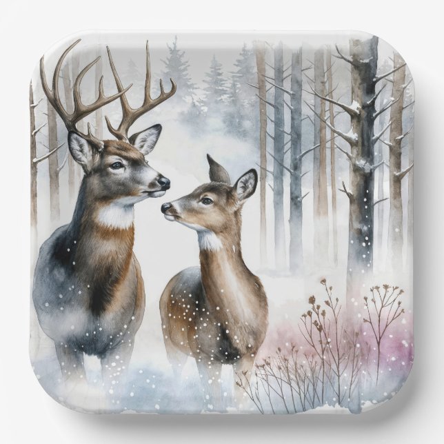 Assiettes En Carton Buck and Doe In Winter Woods (Recto)