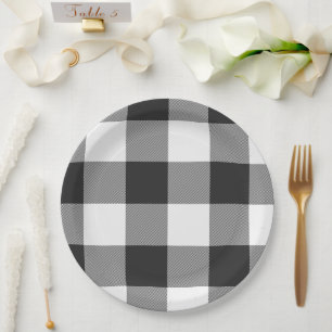 Assiettes En Carton Buffalo Check blanc et noir Carrés plaid