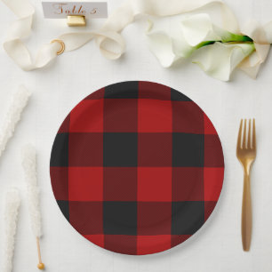 Assiettes En Carton Buffalo Check Red and Black Carrés Plaid
