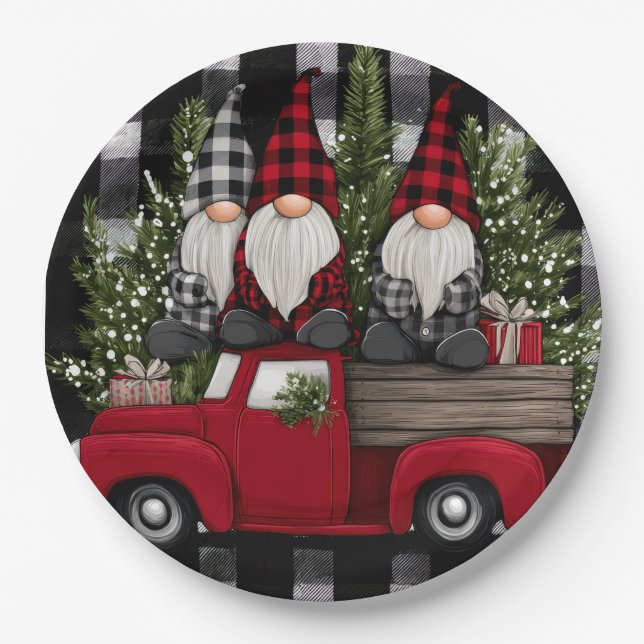 Assiettes En Carton Buffalo Plaid Gnomes Holiday Truck Paper Plates (Devant)