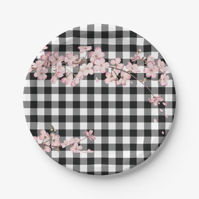 Assiettes En Carton Buffle noir blanc moderne Chèques fleurs de cerisi (Devant)