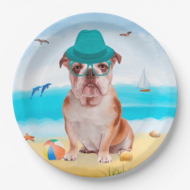 Assiettes En Carton Bulldog anglais sur la plage (Devant)