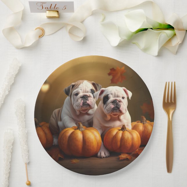 Assiettes En Carton Bulldog Chiot Automne Citrouille de plaisir (Mariage)