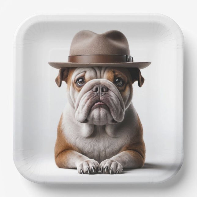 Assiettes En Carton Bulldog portant une fedora (Recto)