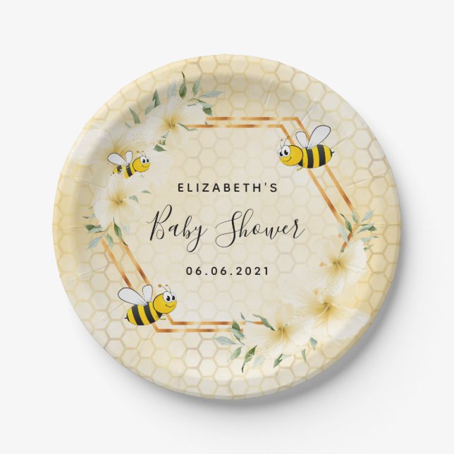 Assiettes En Carton Bumble abeille nid d'abeille baby shower de fleurs (Devant)