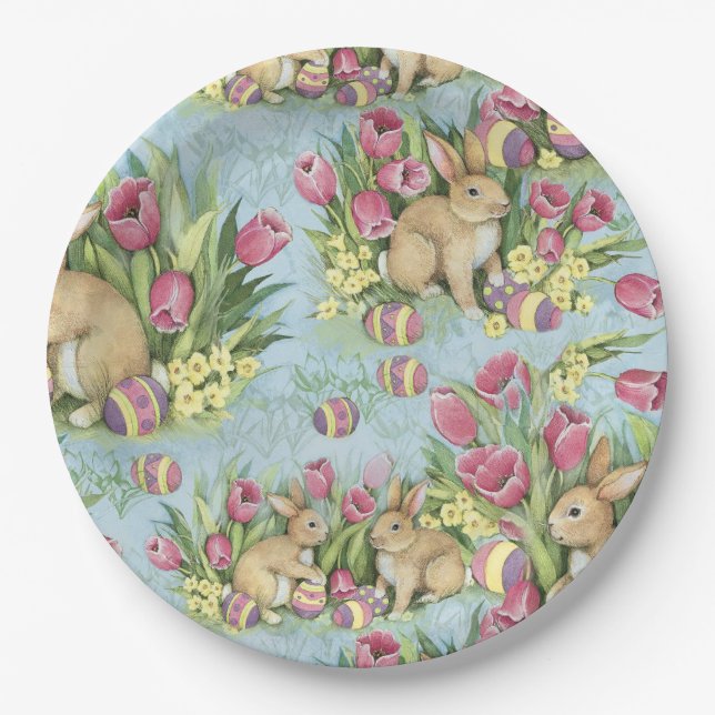 Assiettes En Carton Bunnies de Pâques dans le jardin avec tulipes (Devant)