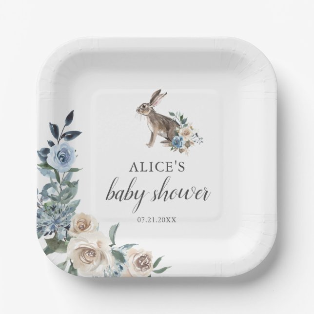 Assiettes En Carton Bunny Dusty Baby shower Fleurs Beige Bleu (Recto)