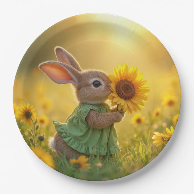 Assiettes En Carton Bunny Sniffer un tournesol jaune (Devant)
