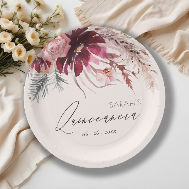 Assiettes En Carton Burgundy Blush Floral Pampas Grass Quinceanera (Créateur téléchargé)